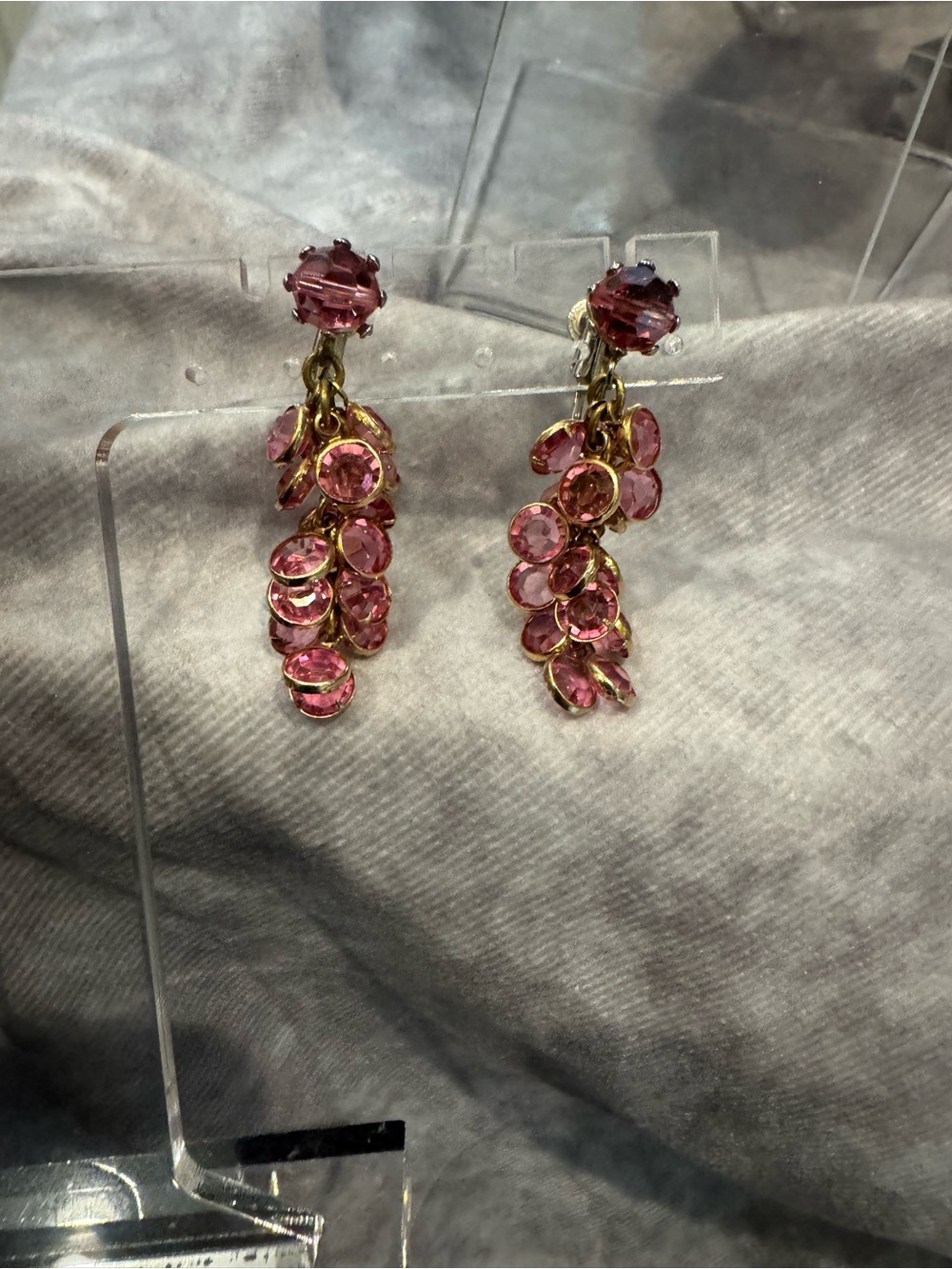 Pink Crystal Bezel Set Cluster Drop Earrings -Clips - Picture 3 of 3